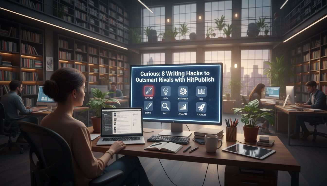 A professional editor at a desk with a laptop showing multiple WordPress dashboards across screens