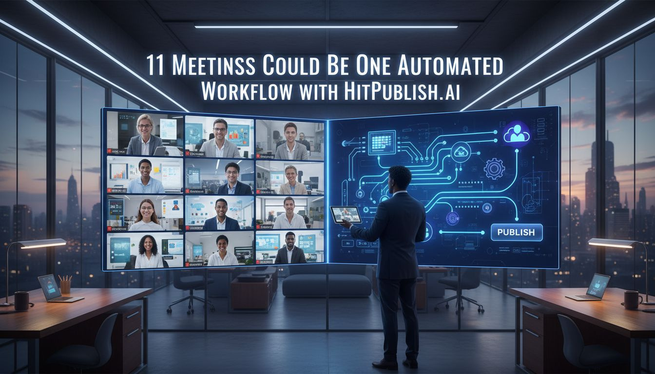 Team meeting scene highlighting inefficient sessions and automated WordPress publishing with AI