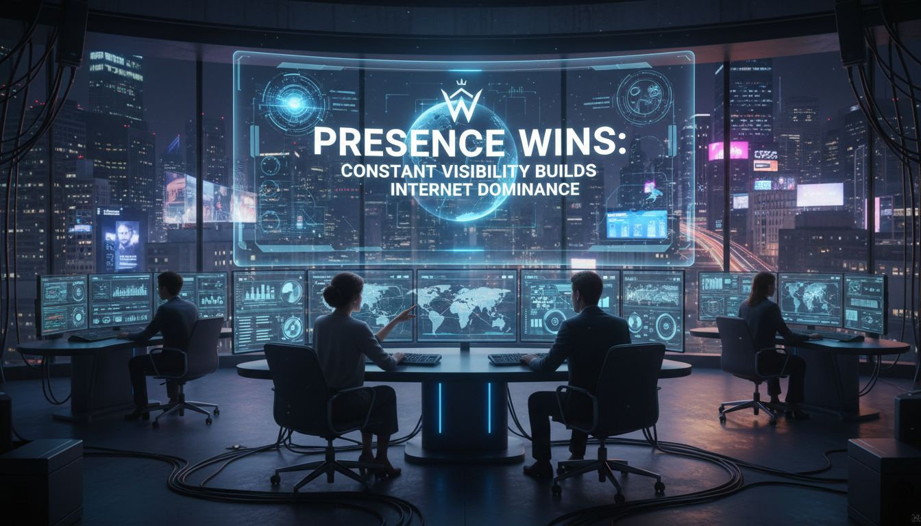 Businessperson monitors multiple screens showing diverse online channels for broad presence