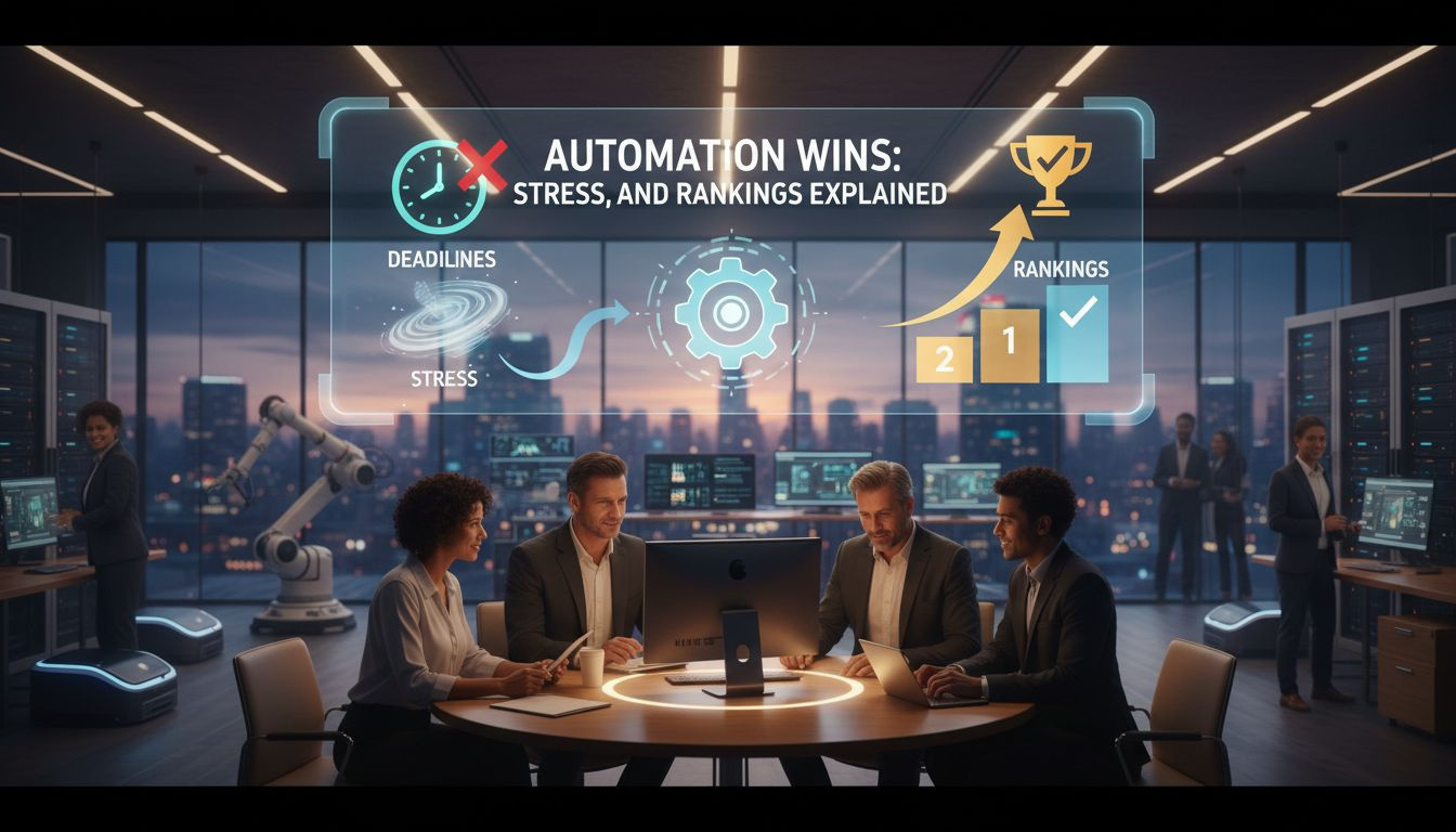 A marketer analyzes timelines beside an automation dashboard, illustrating balance between deadlines and scalable processes