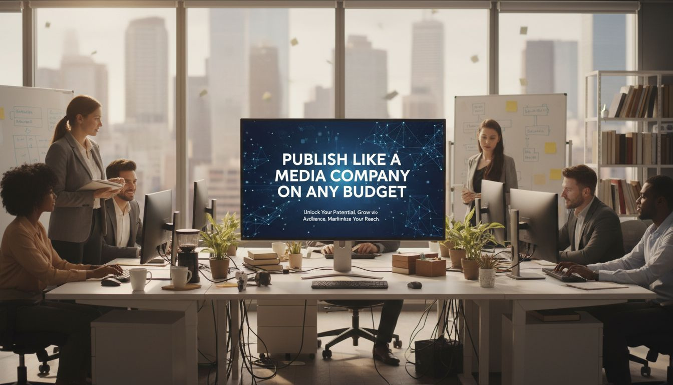 A marketer uses affordable tools at a clean desk to publish efficiently